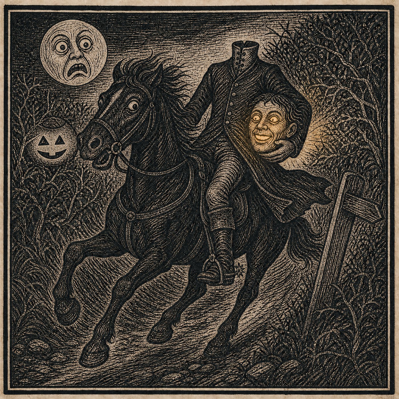 Woodcut portrait: the Rider at the gallop, the head carried at his side, lit