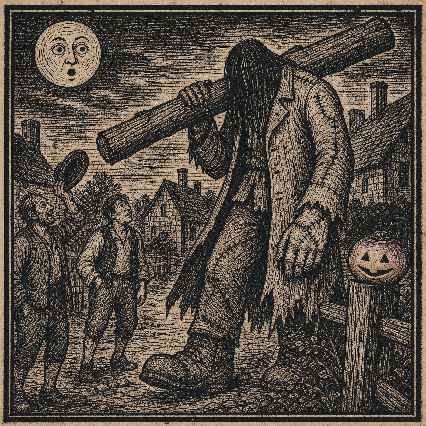 Woodcut portrait: the Big Man in the lane, timber on his shoulder, the neighbours doffing hats