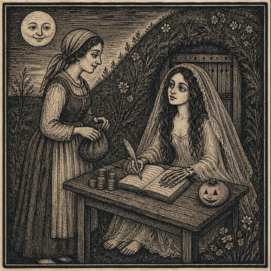 Woodcut portrait: the Barrow-Bride at her table before the howe door, veiled, a bone hand signing the ledger as an instalment is received