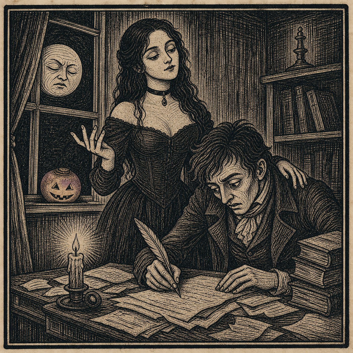 Woodcut portrait: the dark-haired lady at the poet's shoulder, the poet writing by candlelight