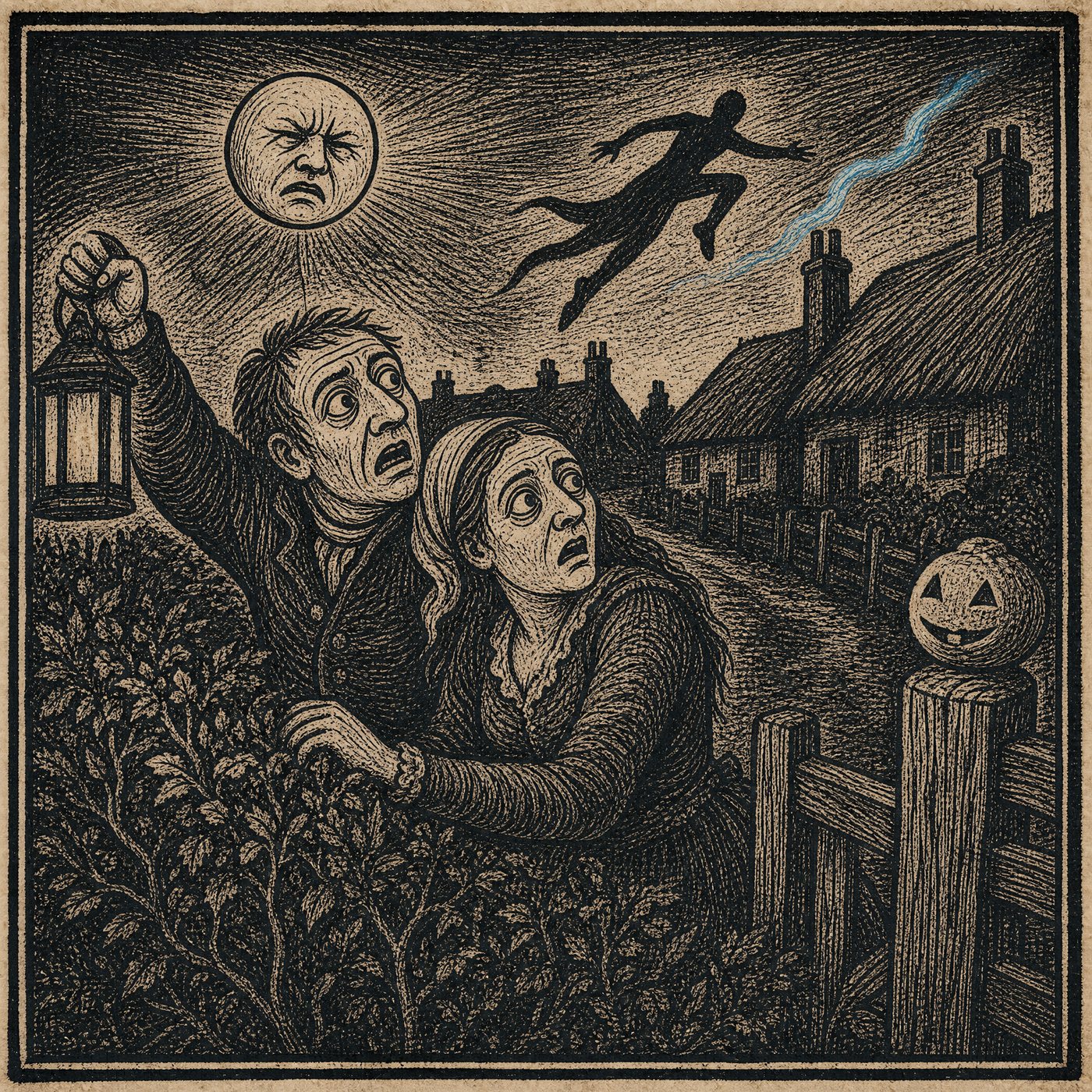 Woodcut: two villagers on the night lane look back, lantern raised, as an exceedingly tall silhouette clears the rooftops, a trace of blue flame behind it