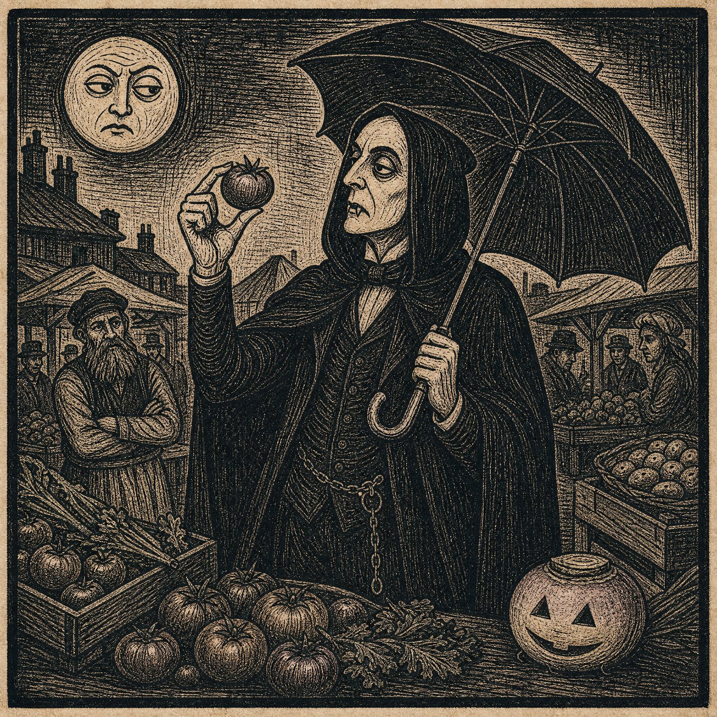 Woodcut portrait: Mr. Ruthven at the Tuesday market, under his umbrella, considering a tomato